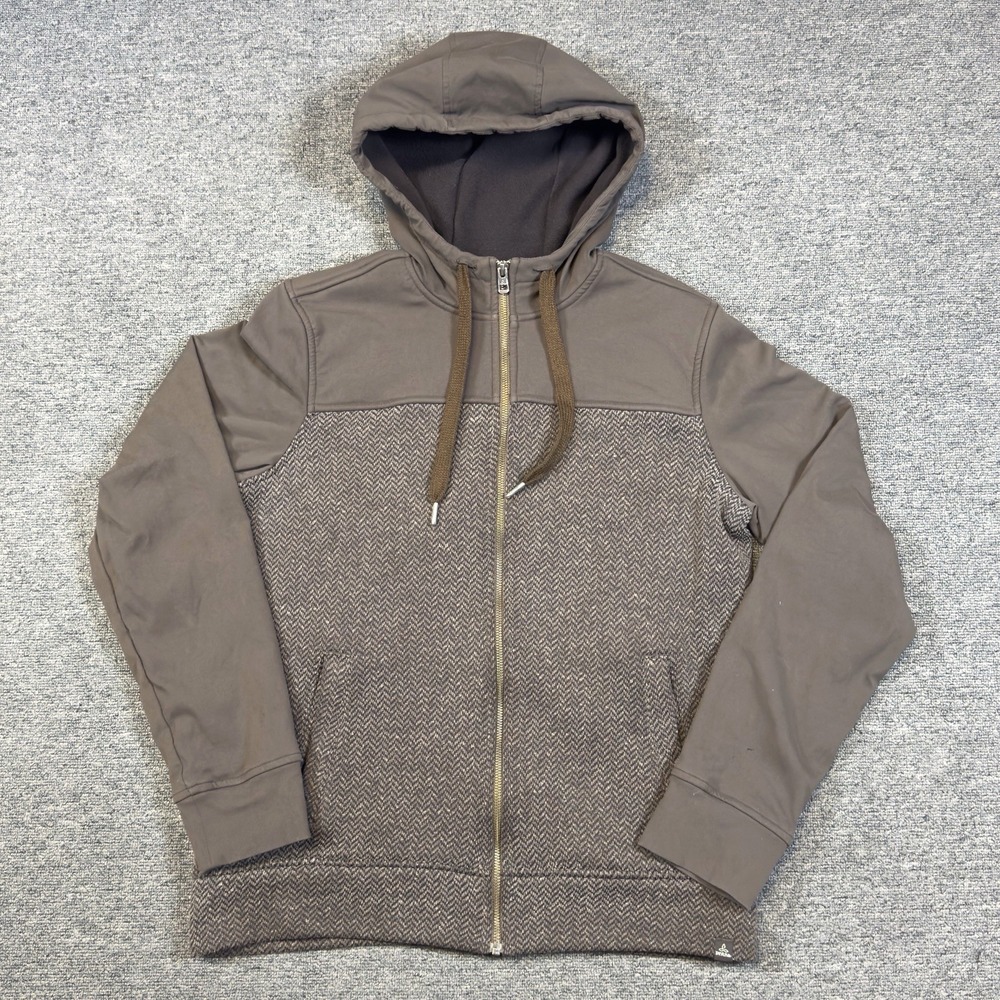 prAna Zion Hoodie Mens Med Brown Herringbone Full Zip Fleece Lined Stretch